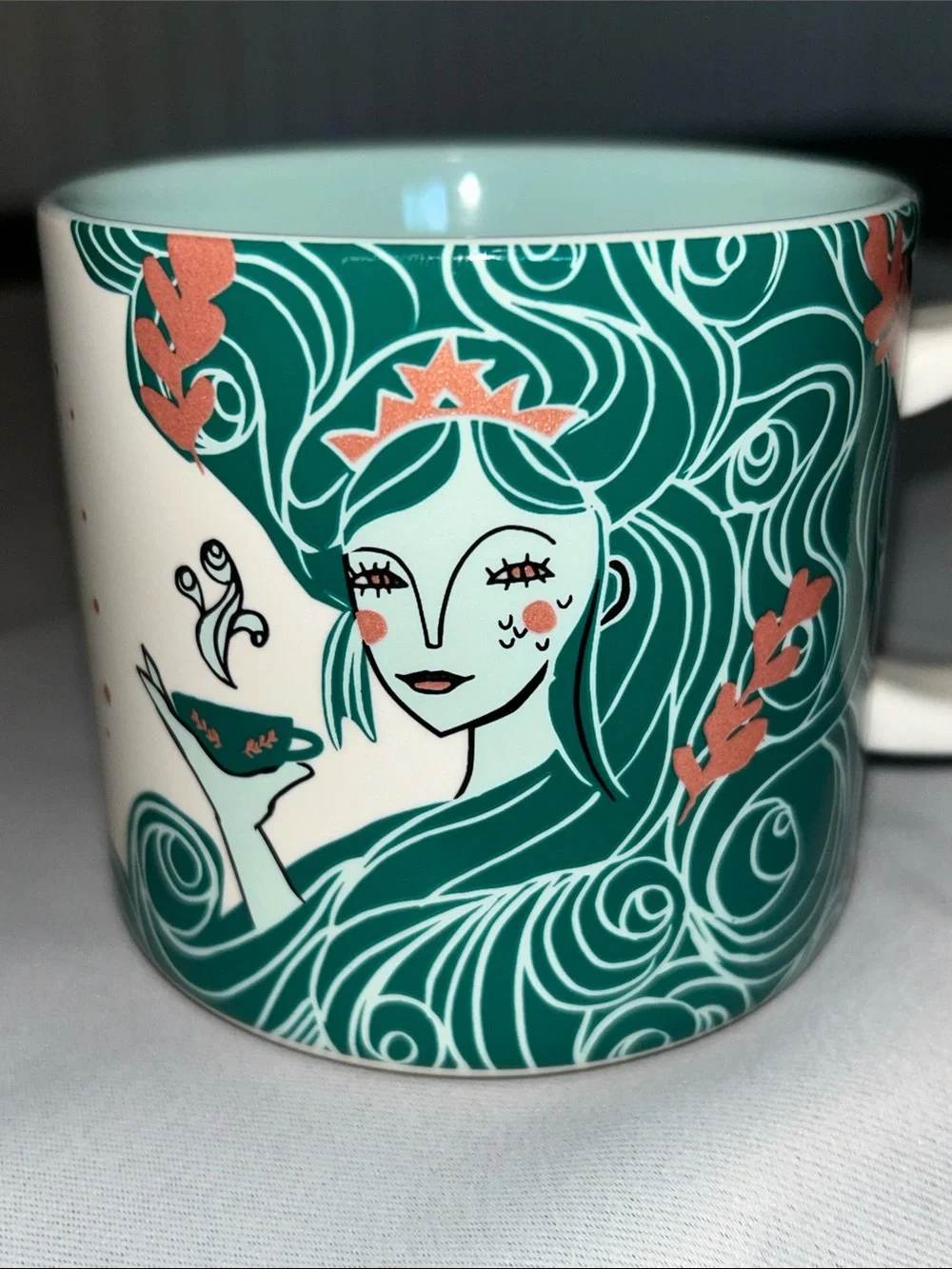 Starbucks White Ceramic Logo Mug w/ beautiful teal & rose gold accent mermaid - Picture 1 of 10